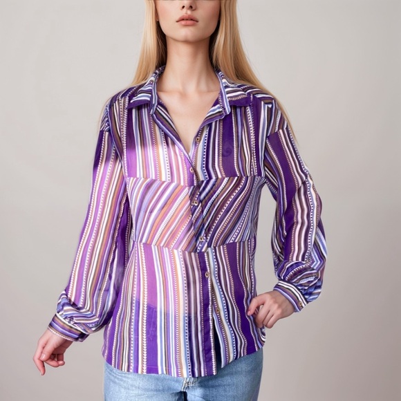 Vintage 70s sheer purple batik stripe boho peasant buttoned blouse top - Picture 2 of 4